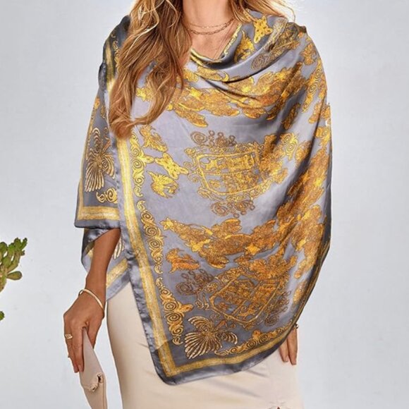 Beautiful & Soft Silk Feeling Gold Floral Scarf Wrap - Picture 5 of 8
